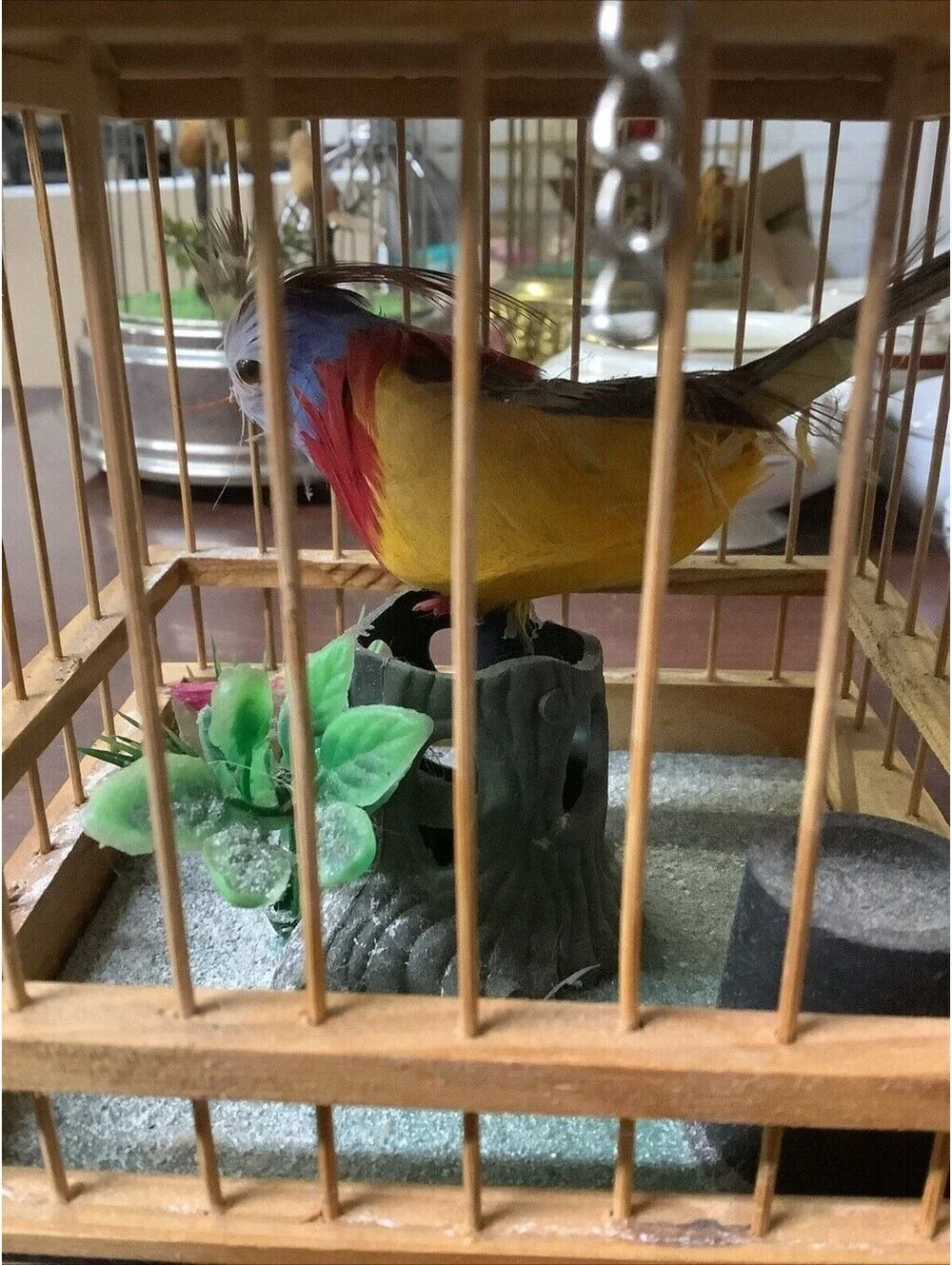 Vintage Singing Bird in Wooden “Jaula pajaro” Cage Battery Operated~Works!